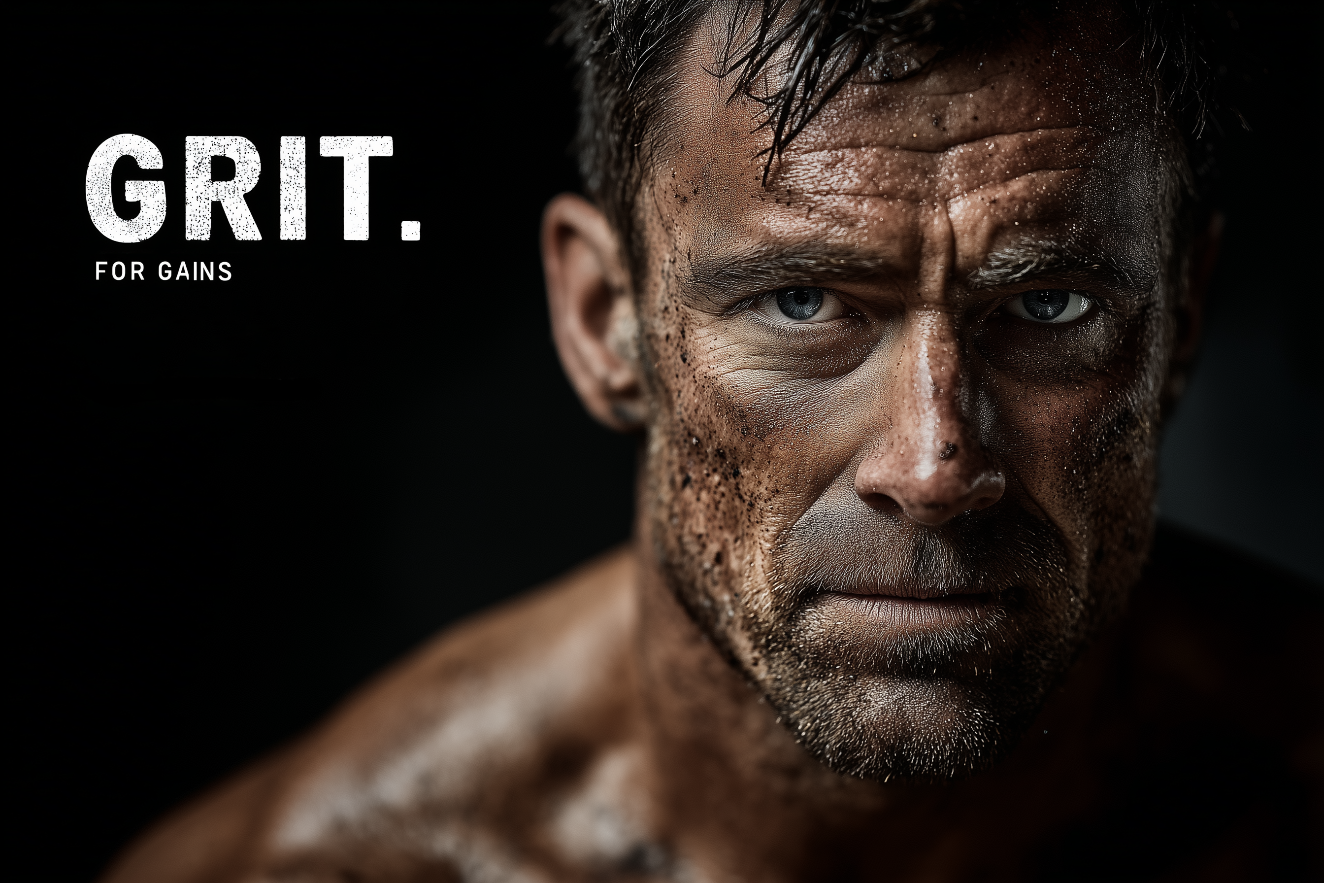 Muscled man with dirt on face against a black background with 'GRIT. FOR GAINS' text.